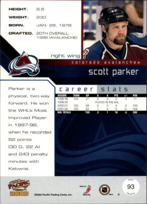2002-03 Pacific Red #93 Scott Parker back image