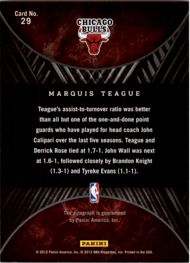 2011-12 Panini Past and Present 2012 Draft Pick Redemptions #29 Marquis Teague back image