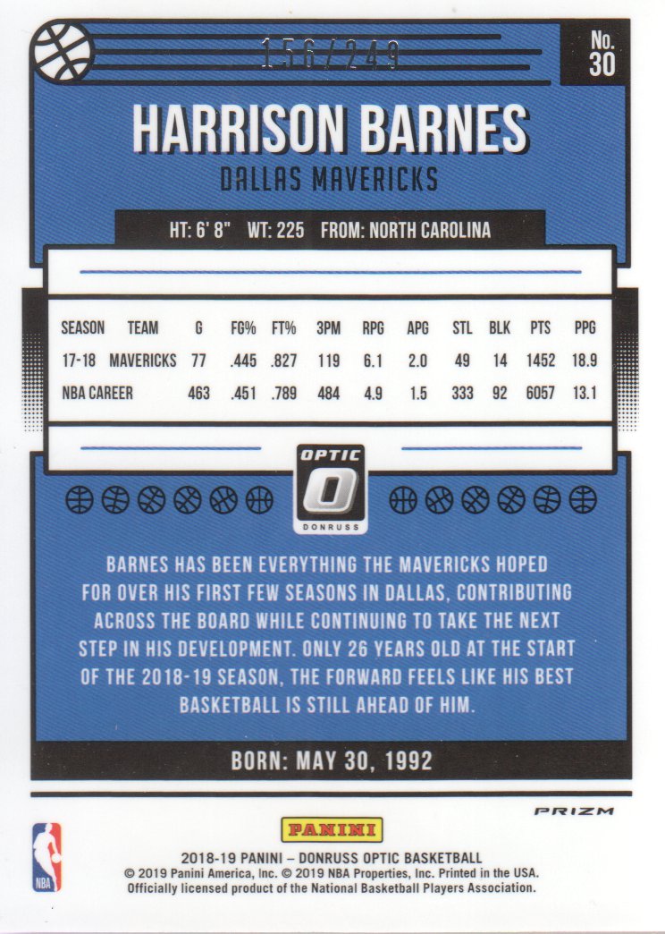 2018-19 Donruss Optic Premium Box Set #30 Harrison Barnes back image