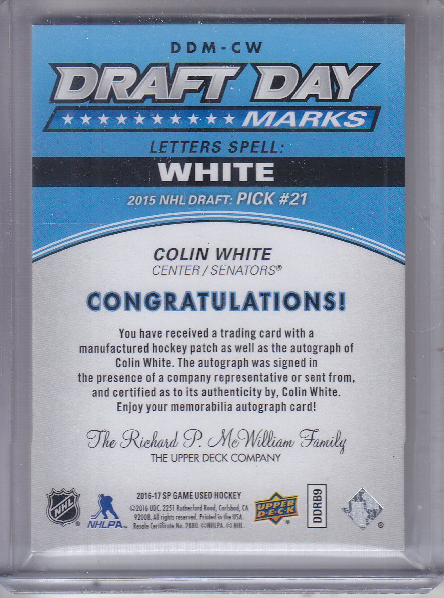 2018-19 SP Game Used Draft Day Marks Rookies #DDMCW Colin White back image
