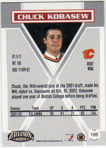 2002-03 Pacific Exclusive #195 Chuck Kobasew AU RC back image