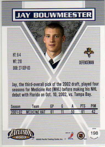 2002-03 Pacific Exclusive #198 Jay Bouwmeester AU RC back image