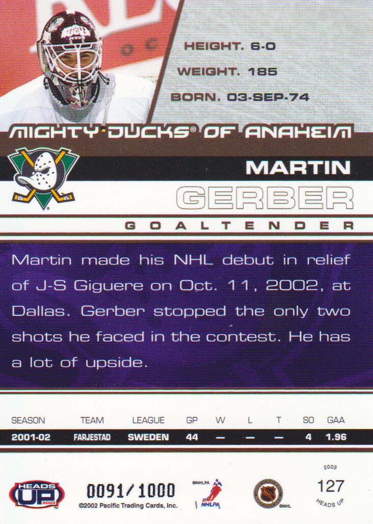 2002-03 Pacific Heads Up #127 Martin Gerber RC back image