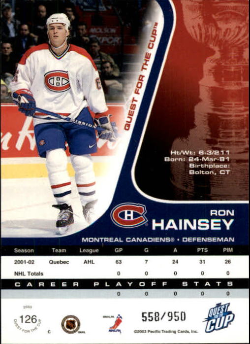2002-03 Pacific Quest For the Cup #126 Ron Hainsey RC back image