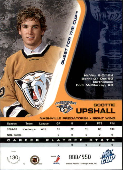 2002-03 Pacific Quest For the Cup #130 Scottie Upshall RC back image