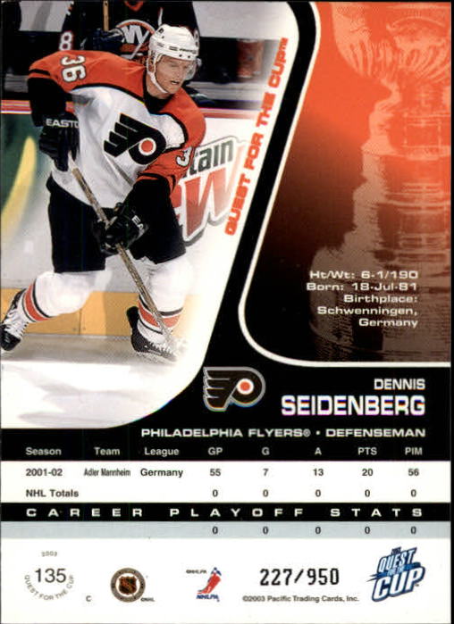 2002-03 Pacific Quest For the Cup #135 Dennis Seidenberg RC back image