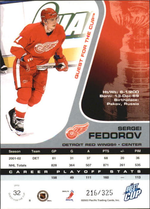2002-03 Pacific Quest For the Cup Gold #32 Sergei Fedorov back image