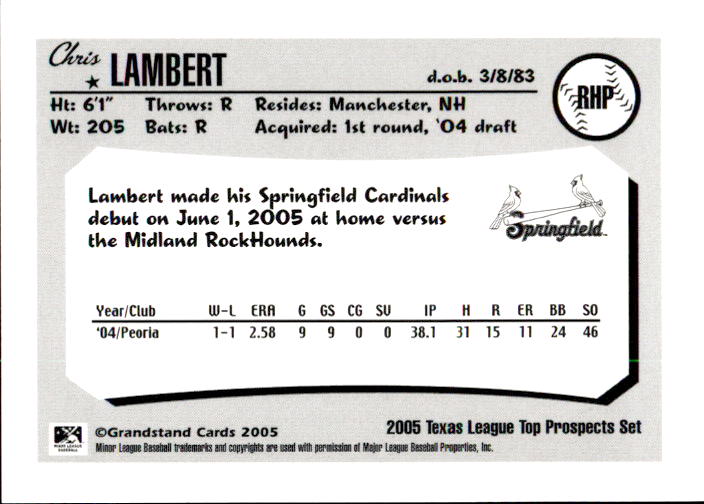 2005 Texas League Top Prospects Grandstand #13 Chris Lambert back image