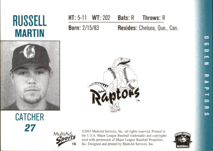 2003 Ogden Raptors Multi-Ad #18 Russell Martin back image