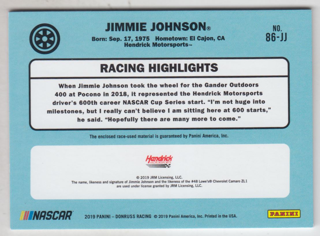 2019 Donruss Retro Relics '86 Red #18 Jimmie Johnson/225 back image