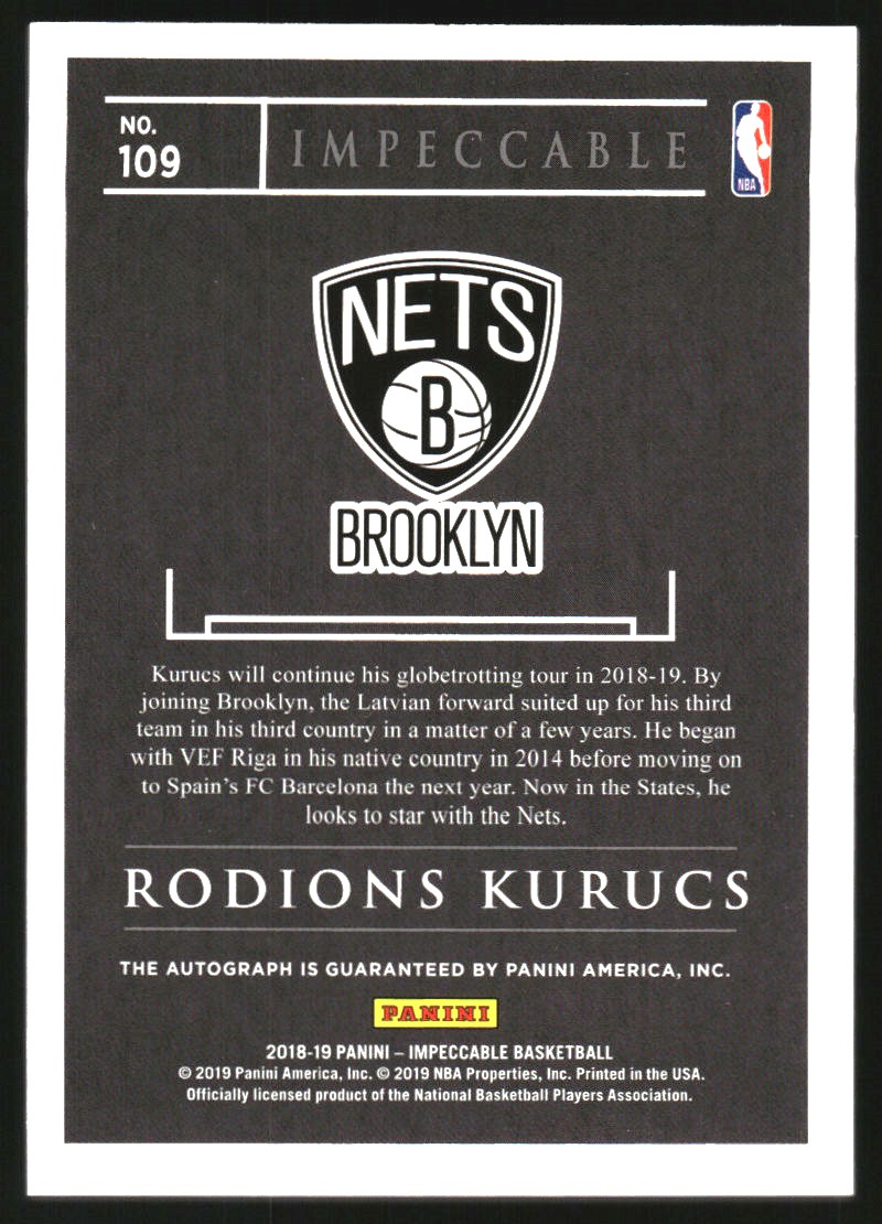 2018-19 Panini Impeccable #109 Rodions Kurucs AU RC