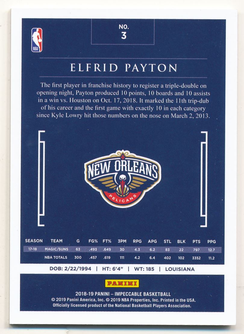 2018-19 Panini Impeccable Holo Silver #3 Elfrid Payton