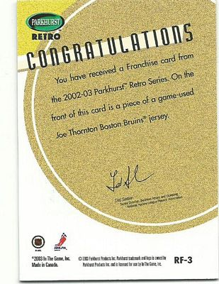 2002-03 Parkhurst Retro Franchise Players #RF3 Joe Thornton back image