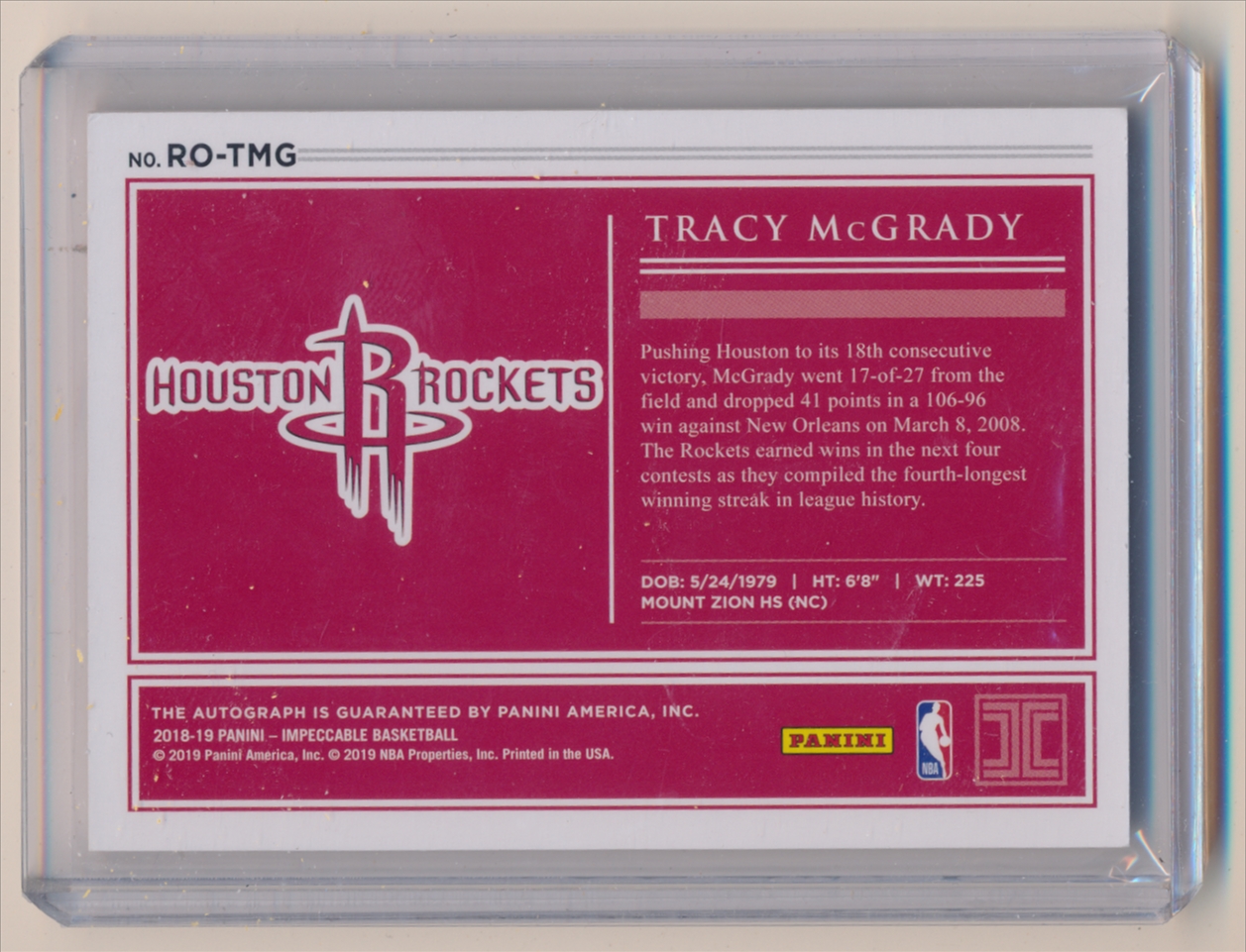 2018-19 Panini Impeccable Impeccable Rockets Autographs #3 Tracy McGrady/25 back image