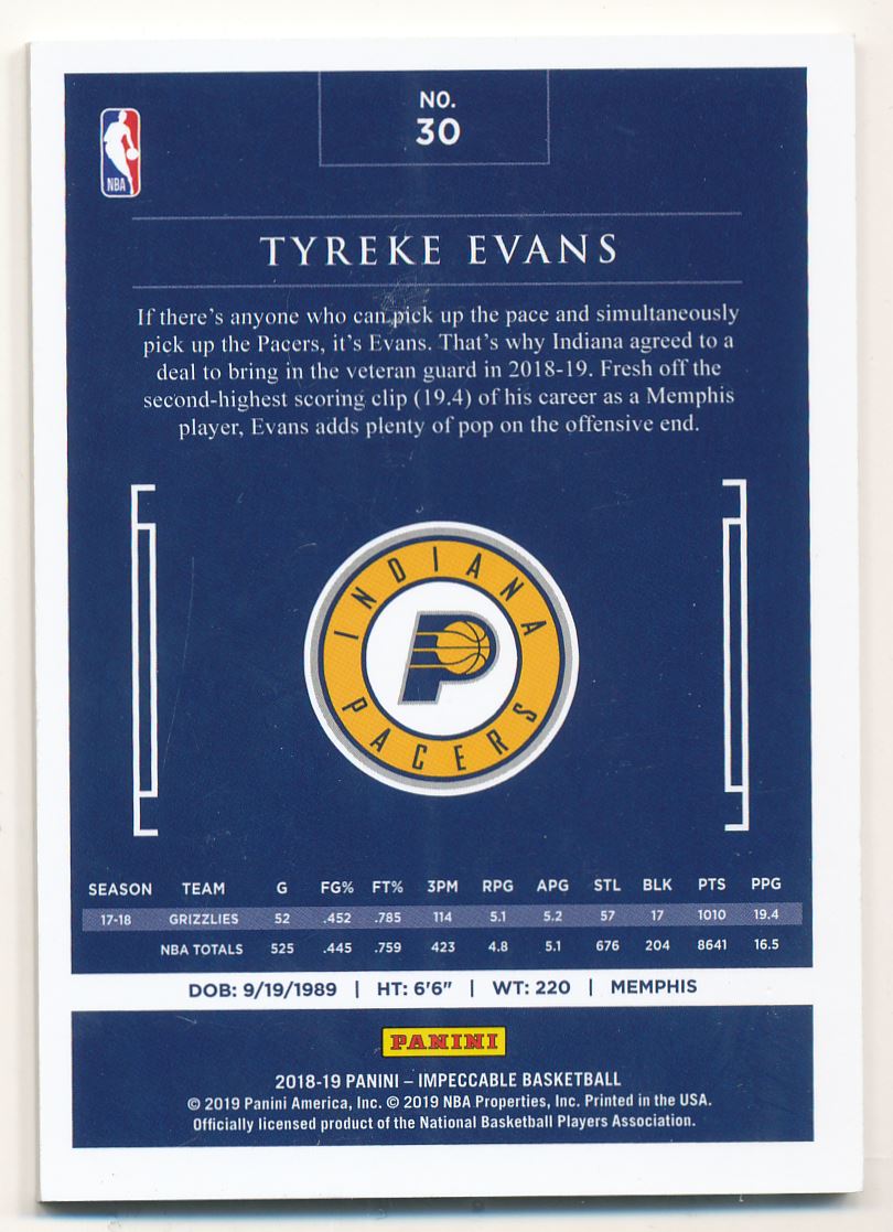 2018-19 Panini Impeccable Silver #30 Tyreke Evans back image