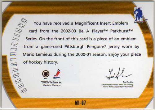 2002-03 Parkhurst Retro Magnificent Inserts #MI7 Mario Lemieux/Emblem back image