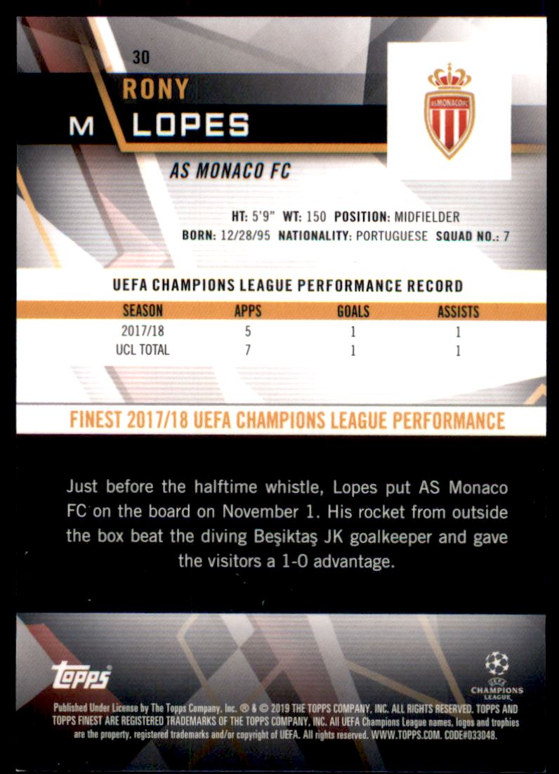 2018-19 Finest UEFA Champions League Purple Refractors #30 Rony Lopes back image