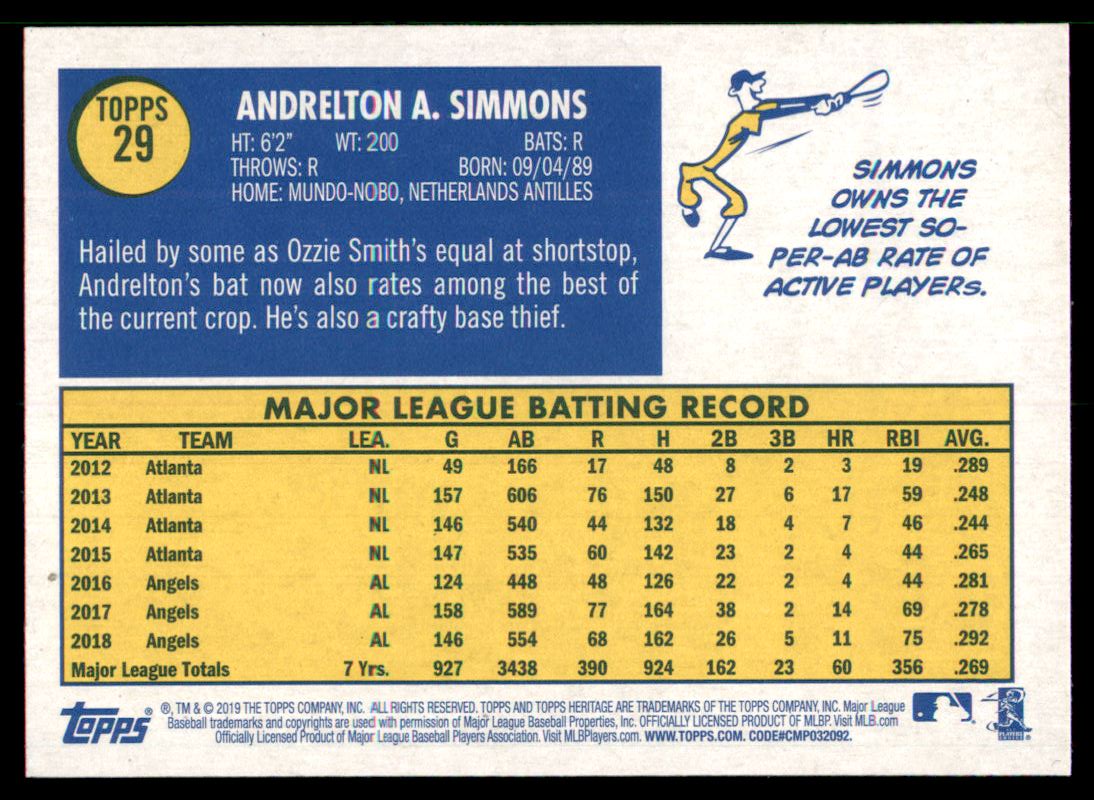 2019 Topps Heritage #29 Andrelton Simmons back image