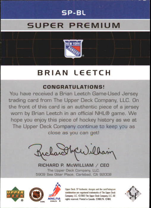 2002-03 SP Authentic Super Premium Jerseys #SPBL Brian Leetch back image