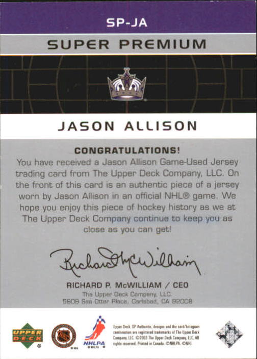 2002-03 SP Authentic Super Premium Jerseys #SPJA Jason Allison back image