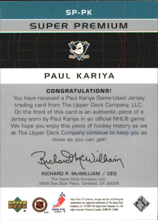 2002-03 SP Authentic Super Premium Jerseys #SPPK Paul Kariya back image