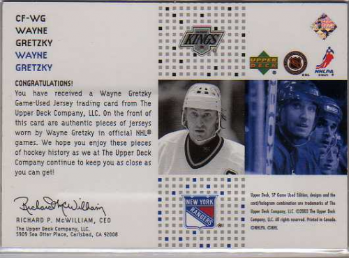 2002-03 SP Game Used Authentic Fabrics #CFWG Wayne Gretzky Dual back image