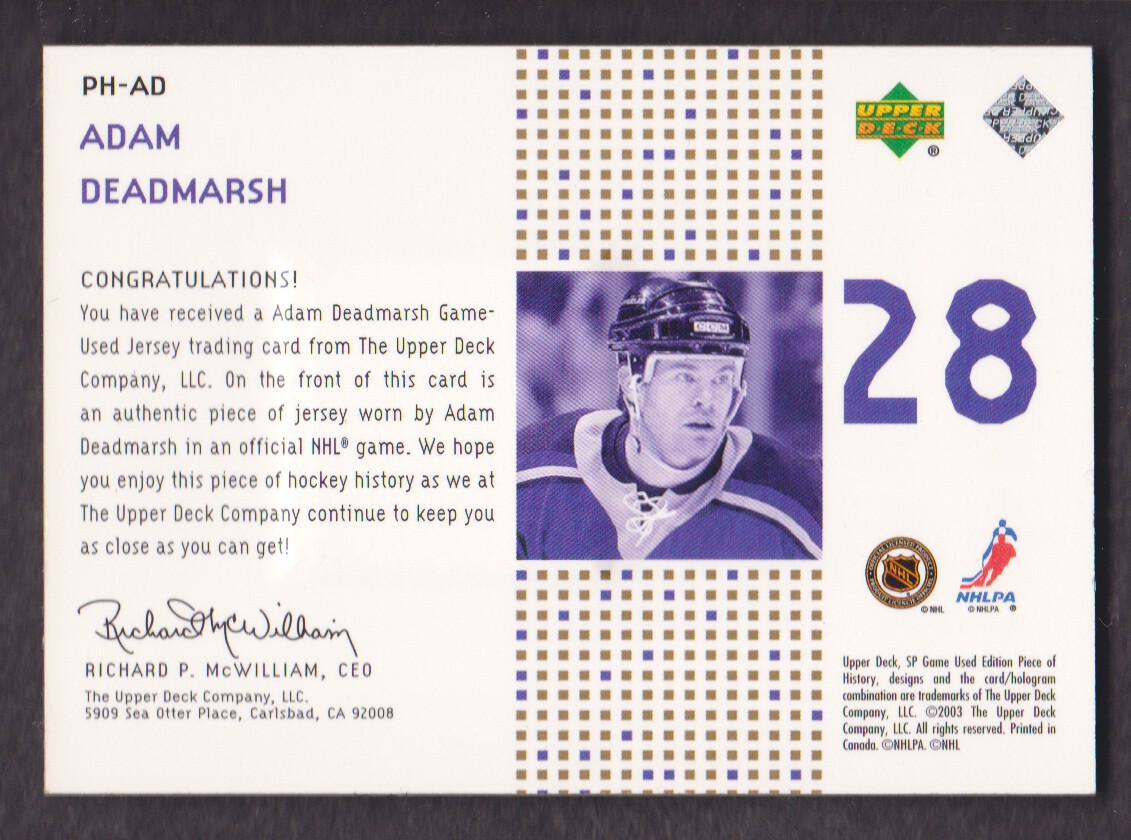 2002-03 SP Game Used Piece of History Gold #PHAD Adam Deadmarsh back image