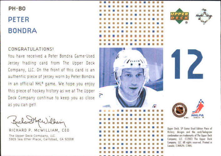 2002-03 SP Game Used Piece of History Gold #PHBO Peter Bondra back image