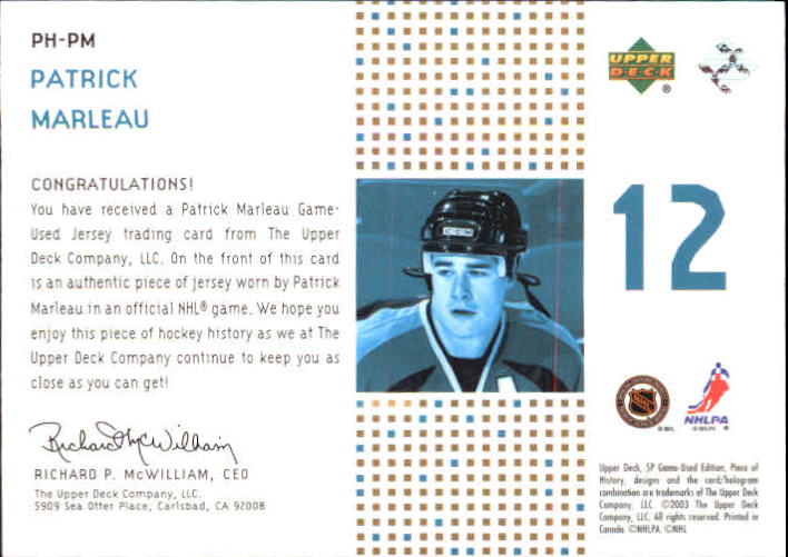 2002-03 SP Game Used Piece of History Gold #PHPM Patrick Marleau back image