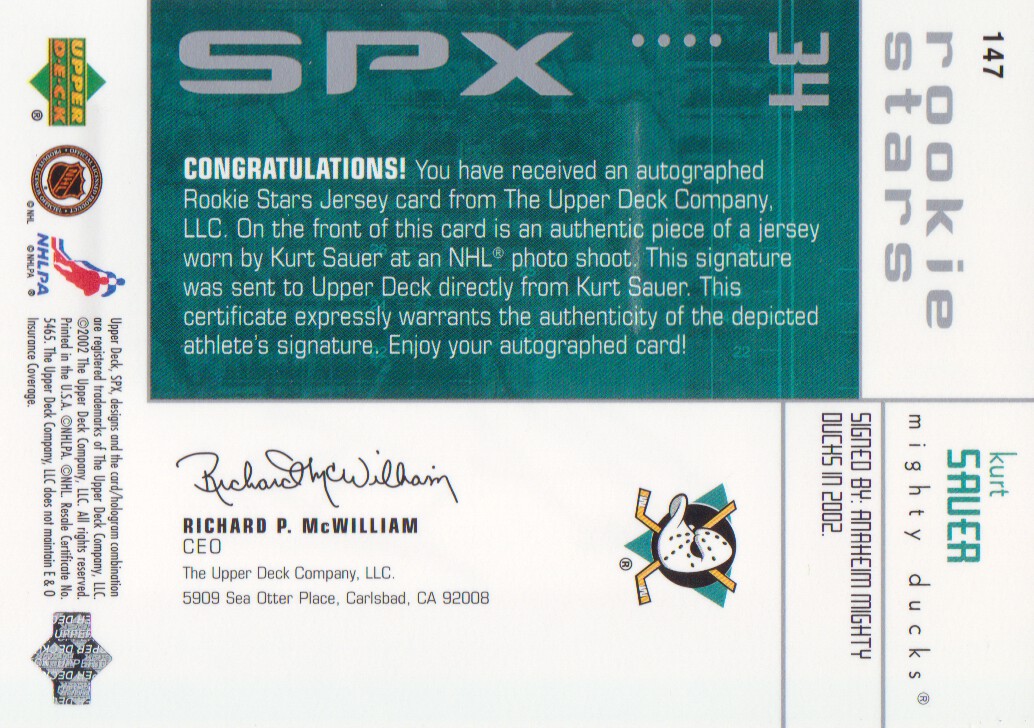 2002-03 SPx #147 Kurt Sauer/JSY AU/1250 RC back image