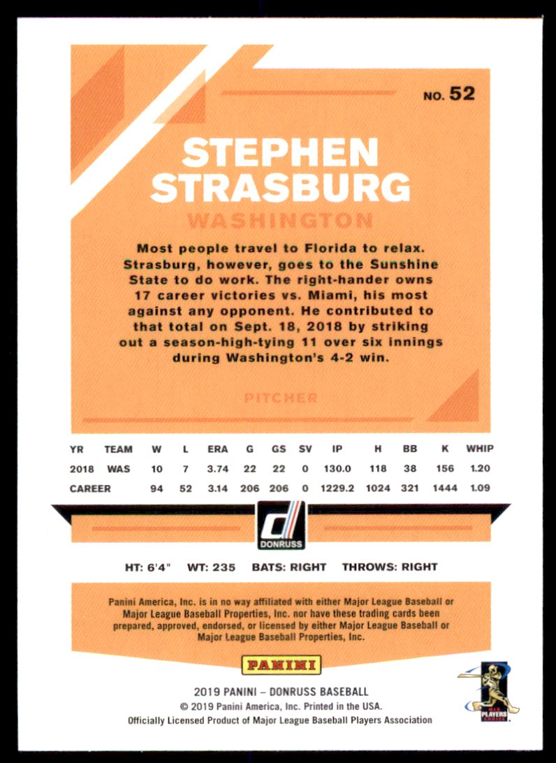 2019 Donruss #52 Stephen Strasburg back image