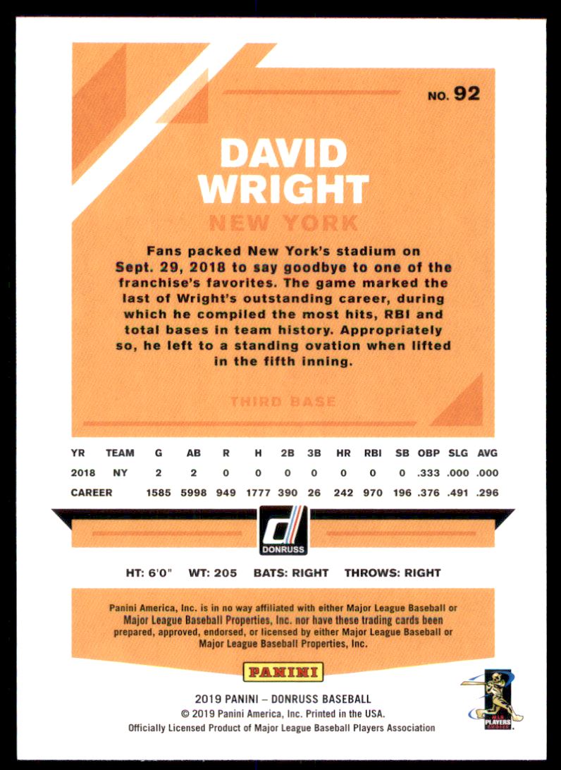 2019 Donruss #92 David Wright back image
