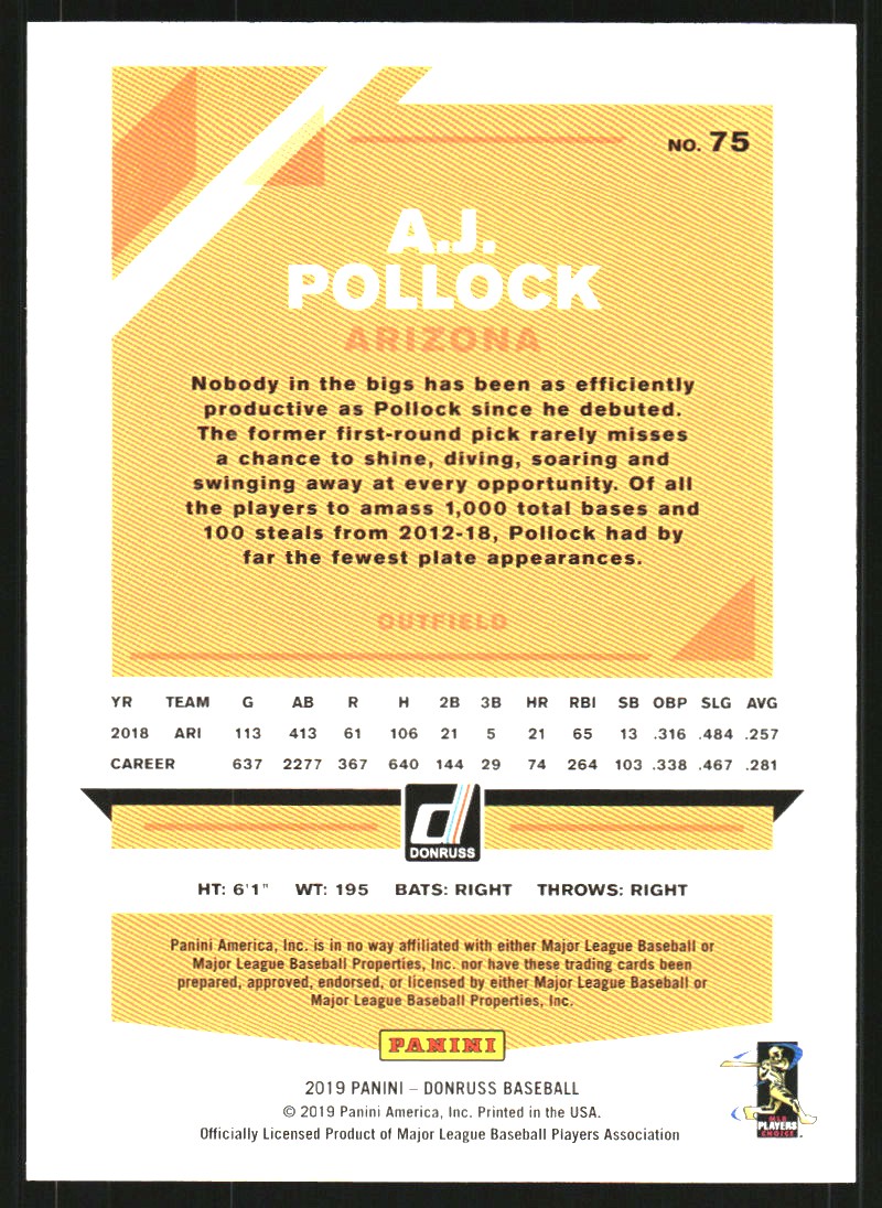 2019 Donruss Season Stat Line #75 A.J. Pollock/65 back image