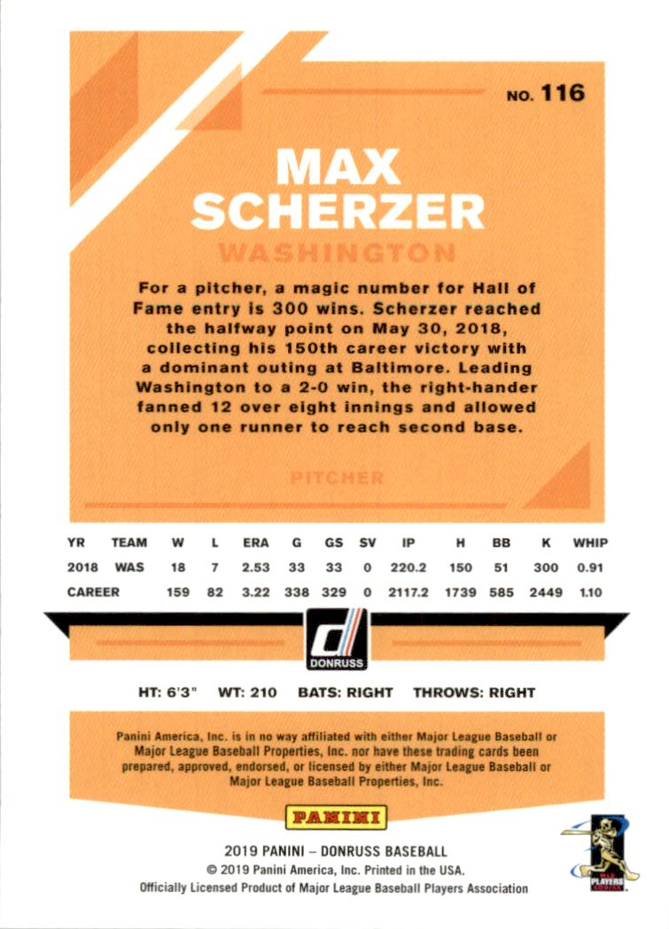 2019 Donruss Season Stat Line #116 Max Scherzer/91 back image