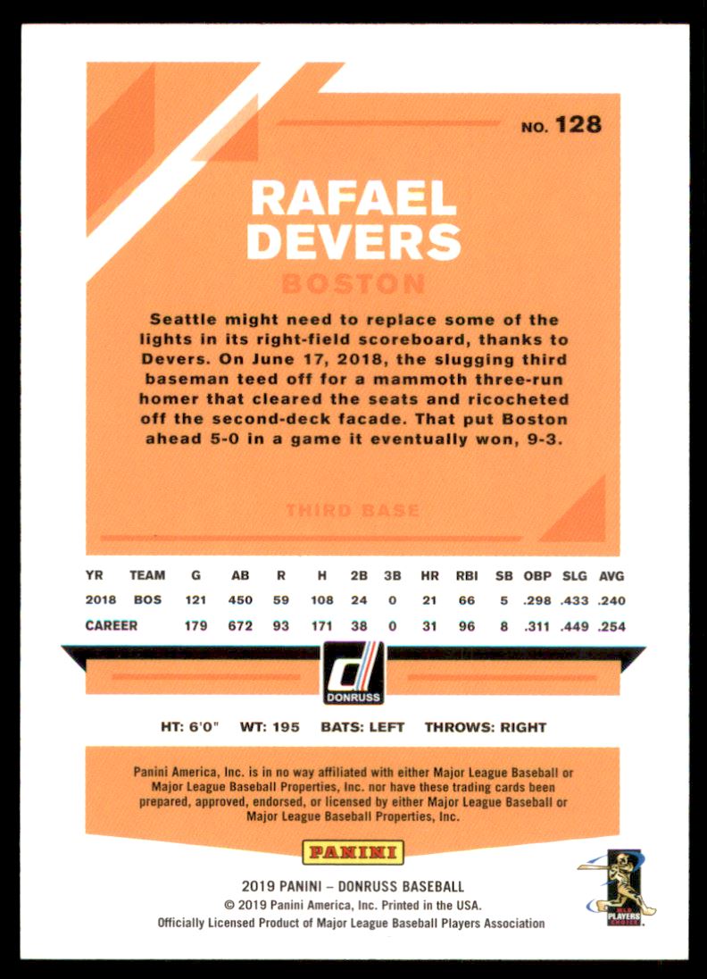 2019 Donruss Season Stat Line #128 Rafael Devers/500 back image