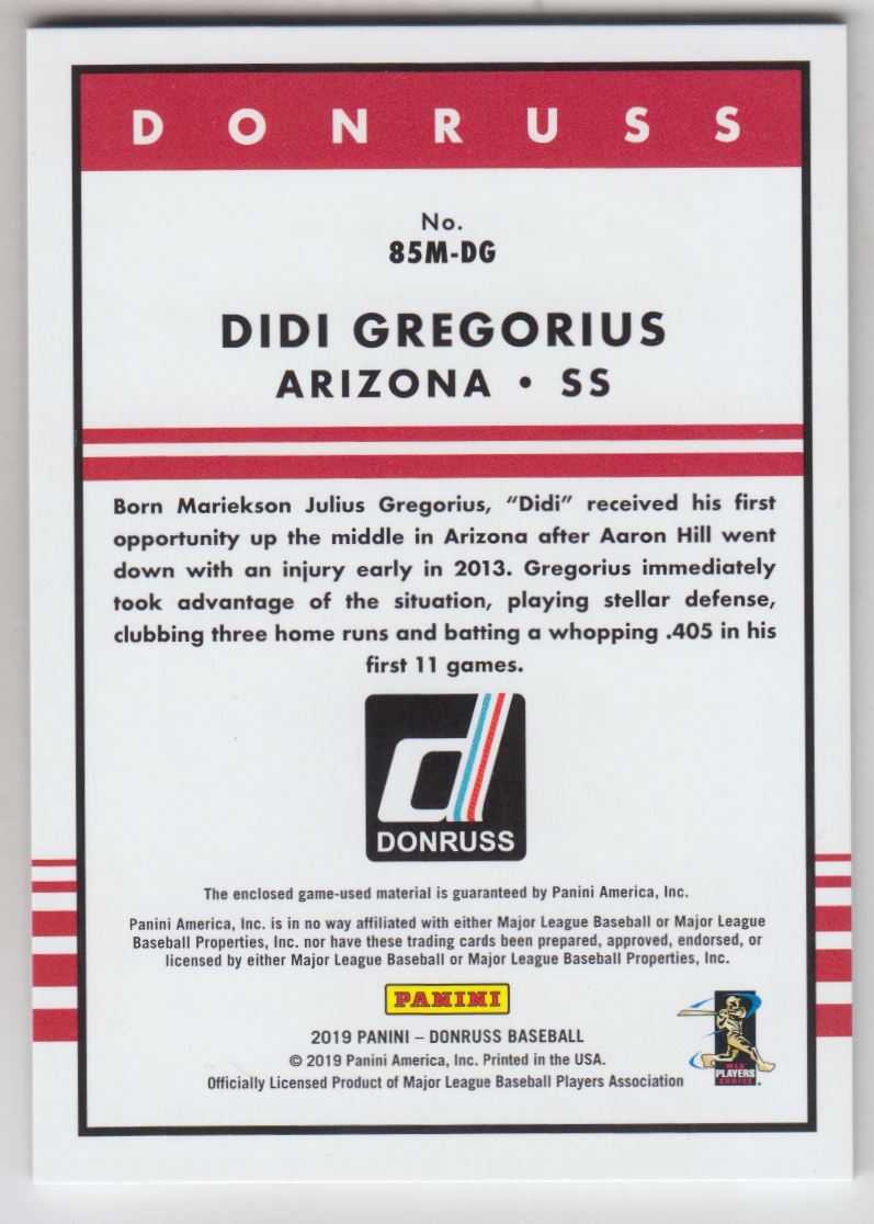 2019 Donruss '85 Retro Materials Gold #19 Didi Gregorius/99 back image