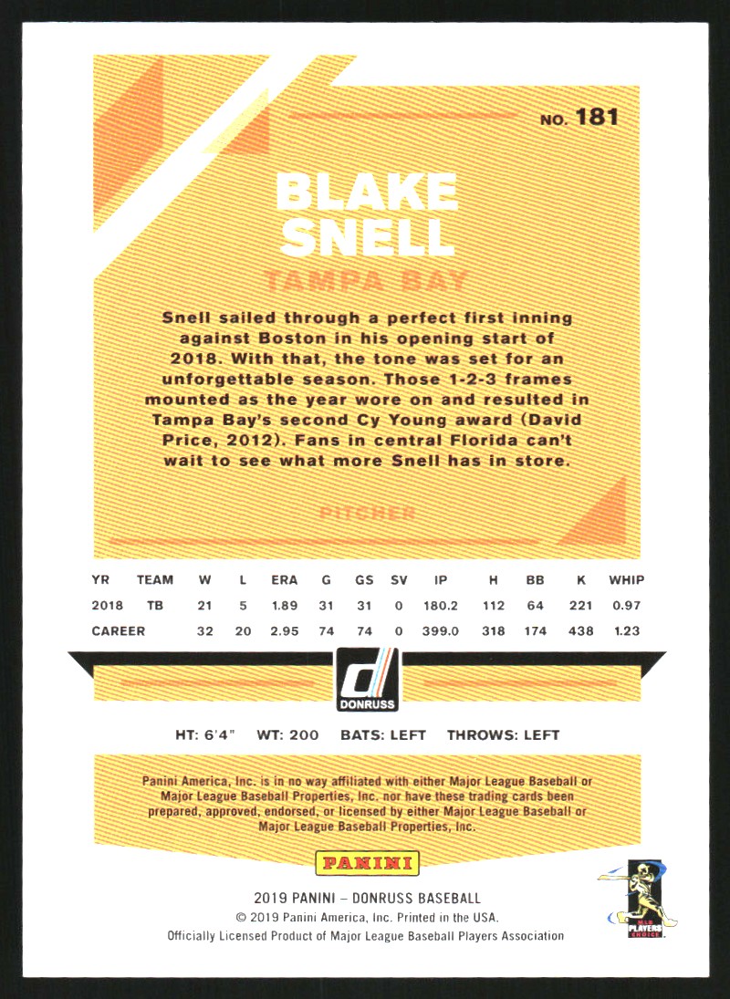 2019 Donruss Season Stat Line Variations #181 Blake Snell/221