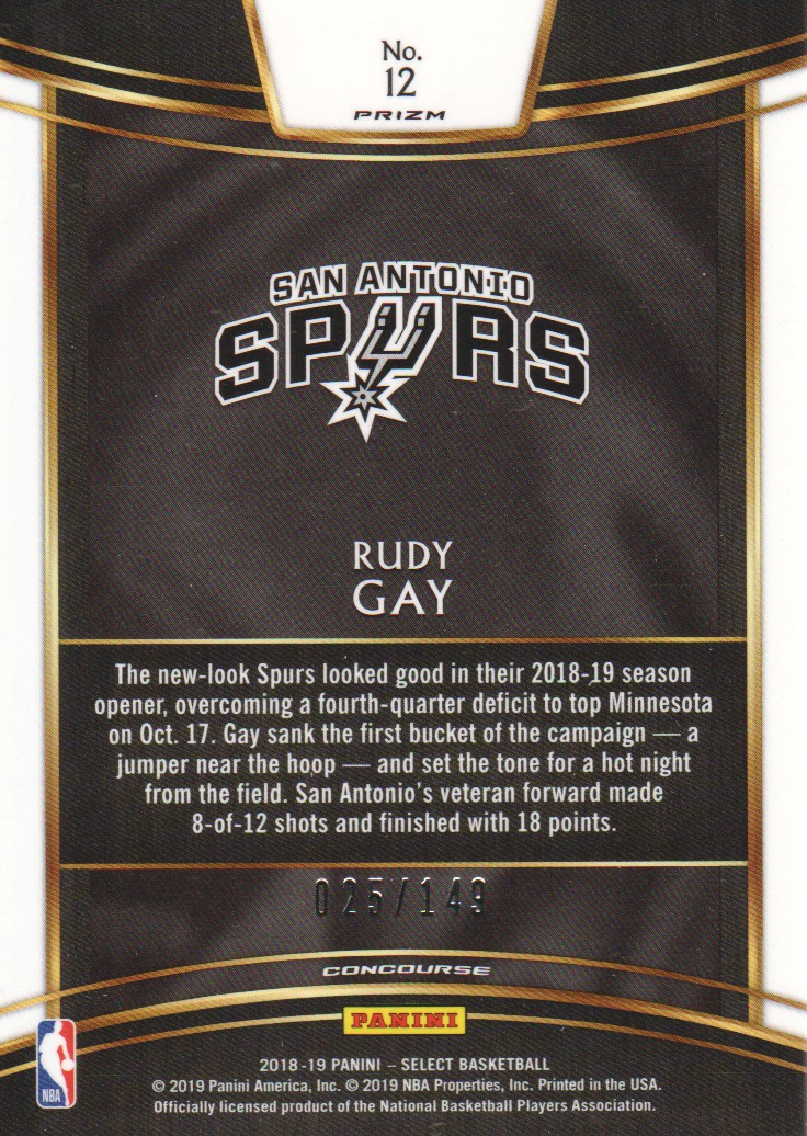 2018-19 Select Prizms White #12 Rudy Gay back image