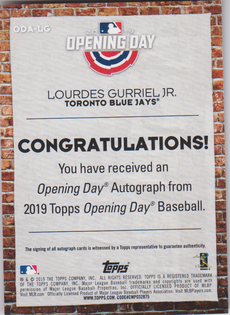 2019 Topps Opening Day Autographs #ODALG Lourdes Gurriel Jr. back image