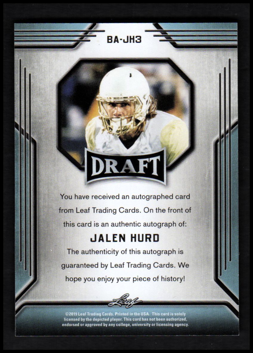 2019 Leaf Draft Autographs #BAJH3 Jalen Hurd - GOLD - NM-MT