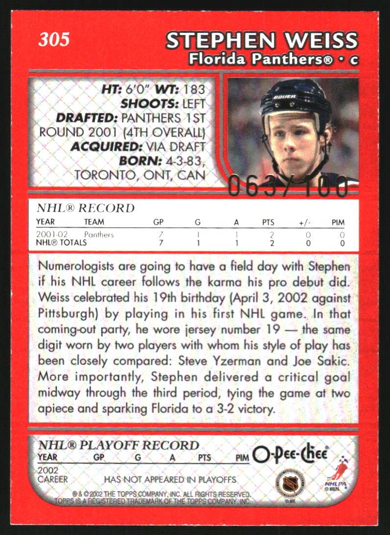 2002-03 Topps O-Pee-Chee Red #305 Stephen Weiss back image