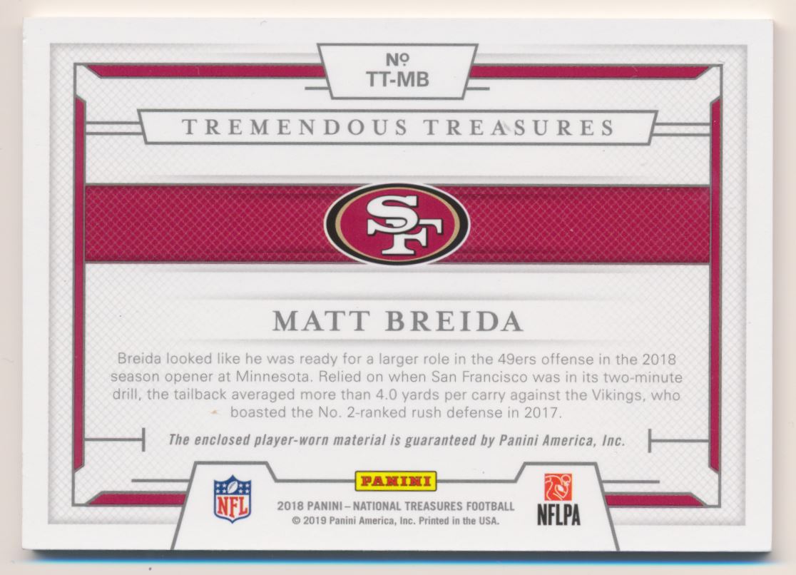 2018 Panini National Treasures Tremendous Treasures #53 Matt Breida