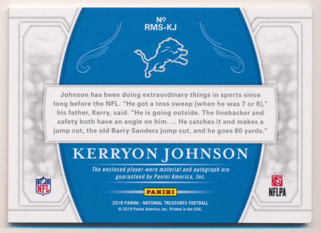 2018 Panini National Treasures Rookie Material Signatures RPS #14 Kerryon Johnson/99