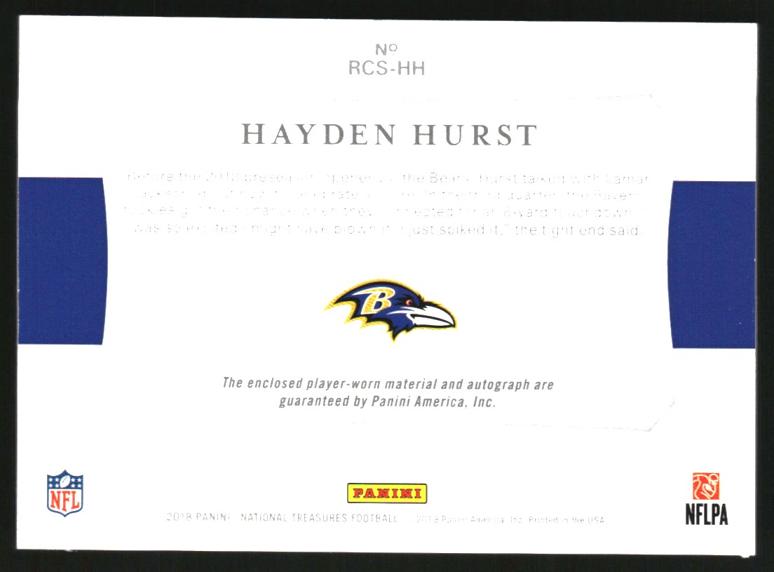 2018 Panini National Treasures Rookie Colossal Material Signatures #22 Hayden Hurst/49