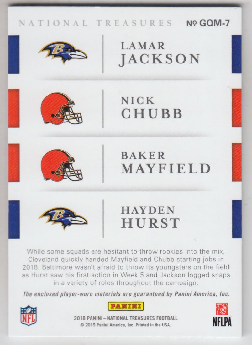 2018 Panini National Treasures Rookie NFL Gear Quad Materials #7 Baker  Mayfield/Lamar Jackson/Hayden Hurst/Nick Chubb - NM-MT