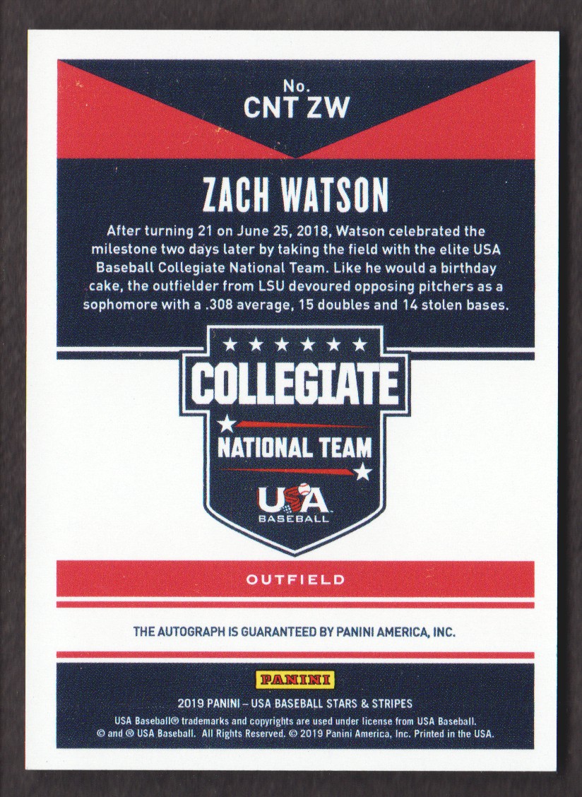 2019 USA Baseball Stars and Stripes College Signatures Black Ink #23 Zach Watson back image