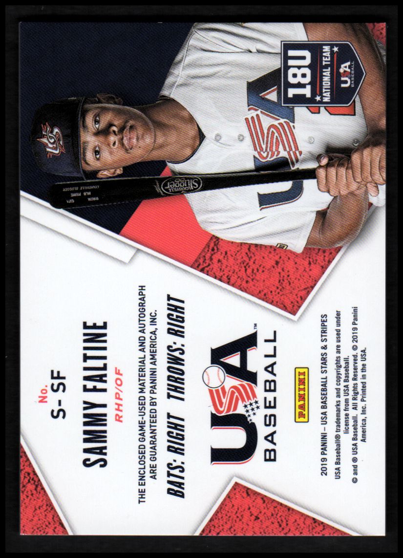 2019 USA Baseball Stars and Stripes Material Signatures #35 Sammy Faltine/299 back image