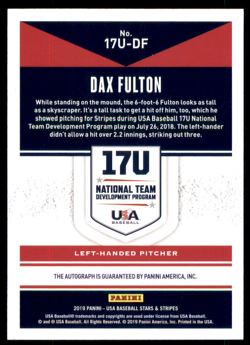 2019 USA Baseball Stars and Stripes 17U Signatures #15 Dax Fulton/147 back image