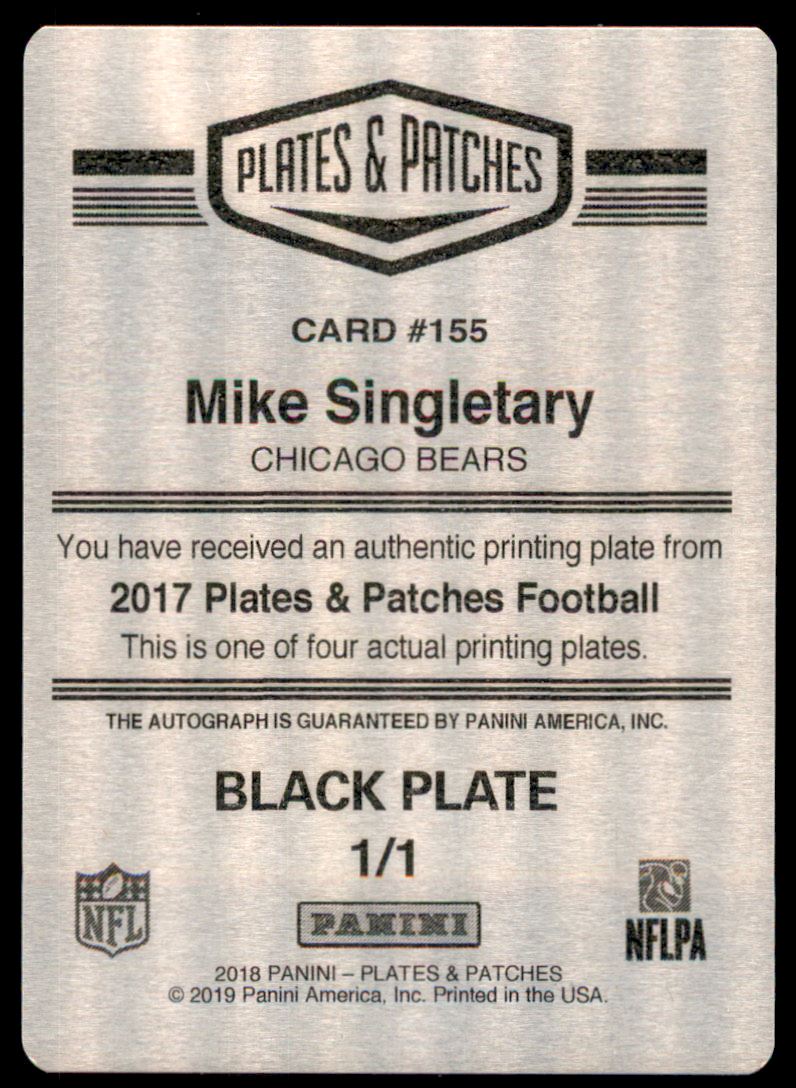 2017 Panini Plates and Patches Autographs Plates and Patches Printing Plates Black #155 Mike Singletary RET back image