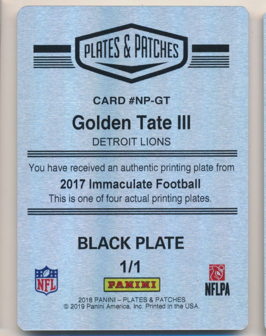 2017 Immaculate Collection Nameplate Nobility Plates and Patches Printing Plates Black #100 Golden Tate III